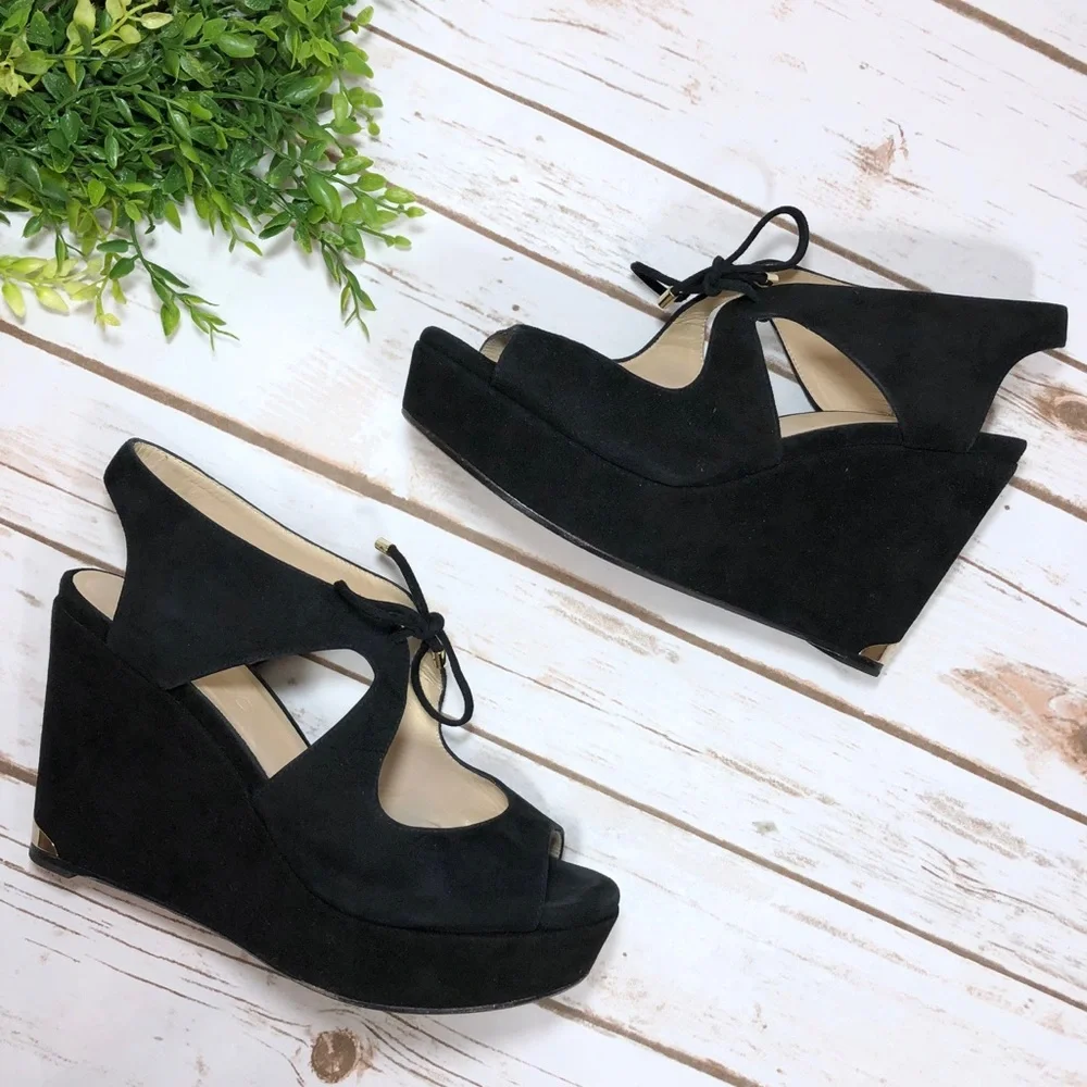 Jimmy Choo Black Suede Lace-Up Wedge Sandals